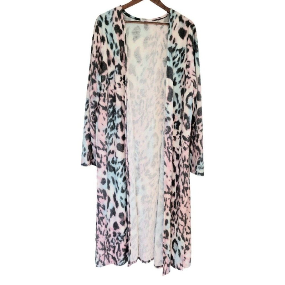 GeeGee Womens MultiColor Fun Animal Print Longline Open Front Side Slit Cardigan